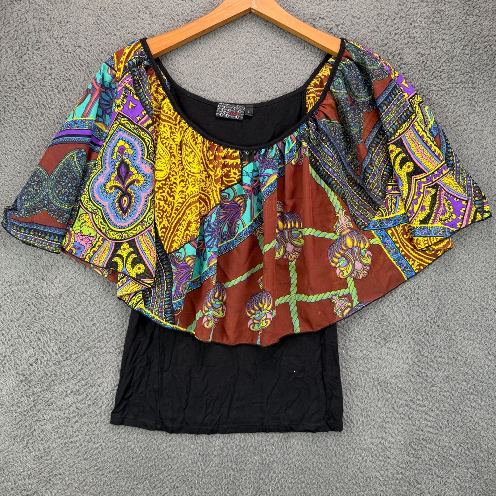 MCM Paisley Flutter Cape Sleeve Scoop Neck Top Black Multi Color Womens Large